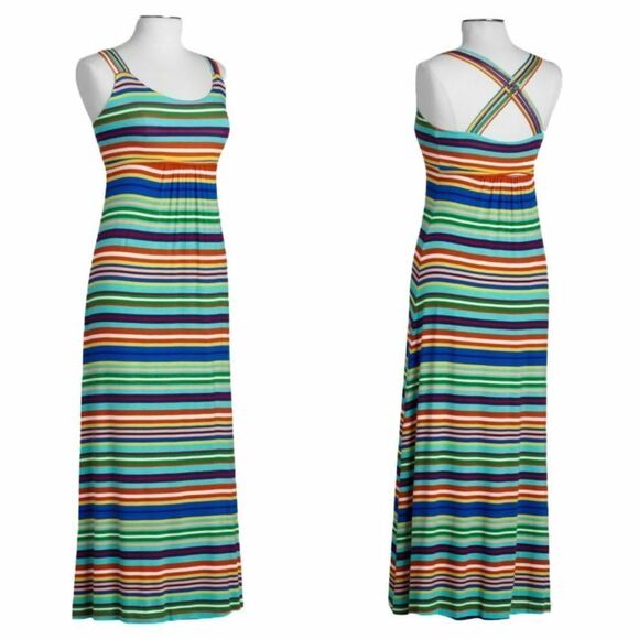 New! CALVIN KLEIN Women's Multicolored Striped Cross-Back Maxi Dress Size 8 - Picture 1 of 4